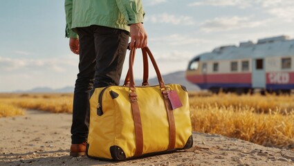 Traveler or passenger with a bag. Minimal vacation and travel concept. Copy space.