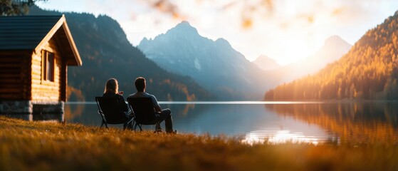A couple relaxing in chairs by a tranquil lake, surrounded by mountains and a wooden cabin at sunset.