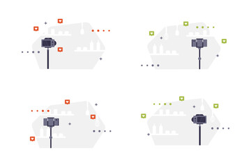 Set of vector backgrounds with camera on tripod, shelves, bottles and heart icons. Background for blogs, social media banners or content related to photography and video shooting. Social media icons