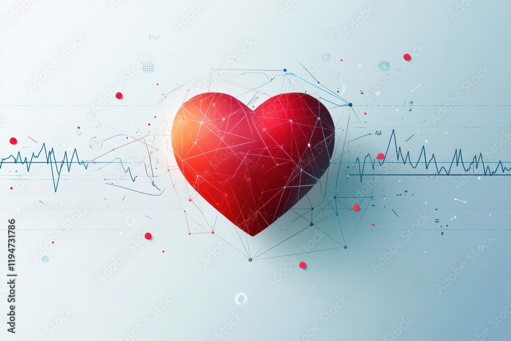 Poster Glowing red heart with dynamic cardiogram representing health and vitality in a digital environment. Generative AI