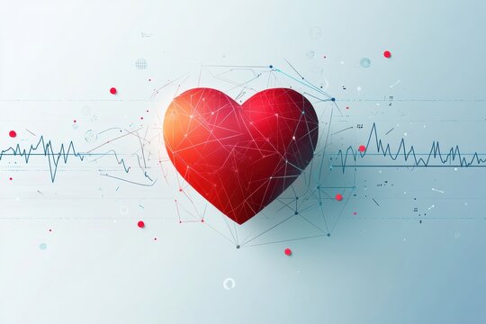 Glowing red heart with dynamic cardiogram representing health and vitality in a digital environment. Generative AI