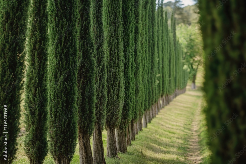 Poster A row of green trees in a field, suitable for backgrounds and nature scenes