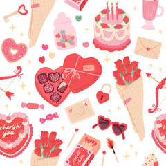 Valentines and Love Season Seamless Pattern  vector illustration of sweet dessert, cake, chocolate , flower and candy
