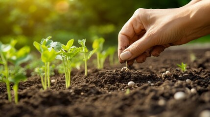 A garden with hands planting seeds in soil, Gardening therapy theme, Serene style