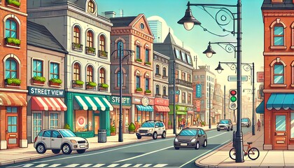 Naklejka premium Cartoon Street View with Shops and Cars