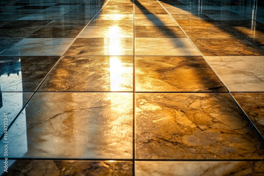 Poster A breathtaking scene of shiny tiles catching the warm glow of ambient light at dusk, creating an atmosphere filled with serenity, elegance, and artistic expression.