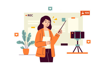 Vector illustration of teacher in glasses standing at the board and filming a video lesson on a phone standing on a tripod. The teacher explains the material to the audience via video conference