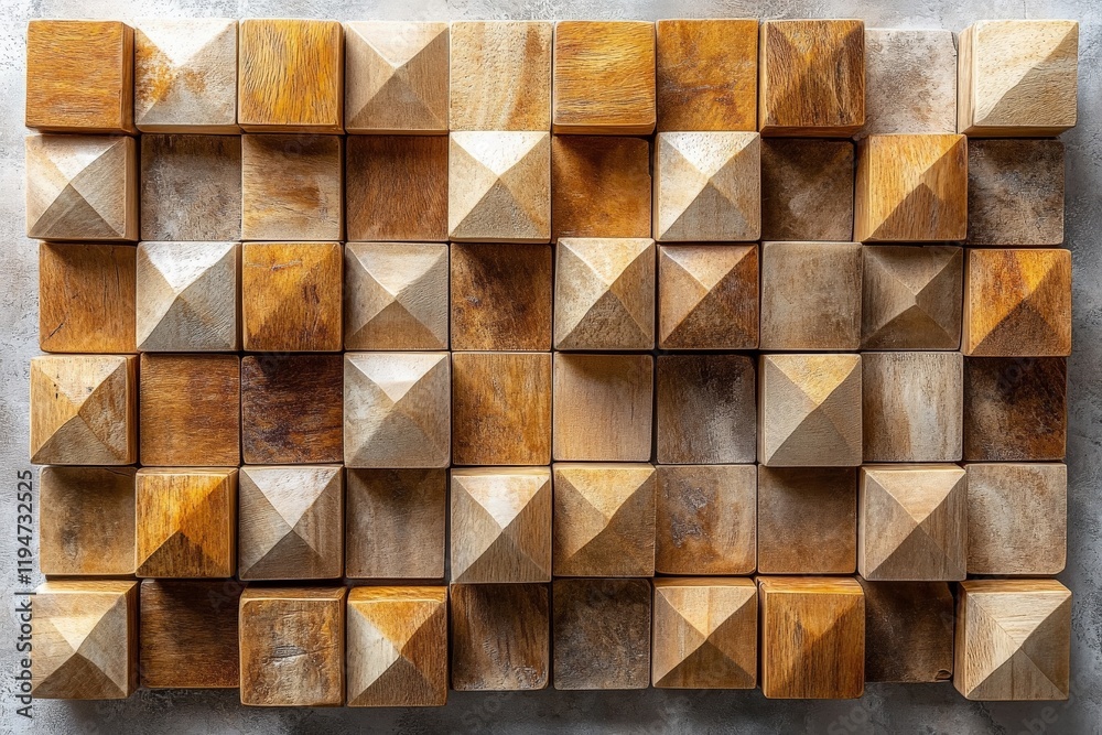 Poster This image presents a mesmerizing display of wooden blocks, each topped with a pyramid shape, featuring varying shades and textures for a dynamic appearance.