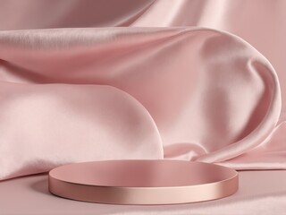 Pink podium sits in front of draped pink fabric