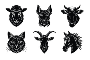 Animals head silhouette set vector illustration. Cow, Cat, horse, dog, sheep mascot icon collection