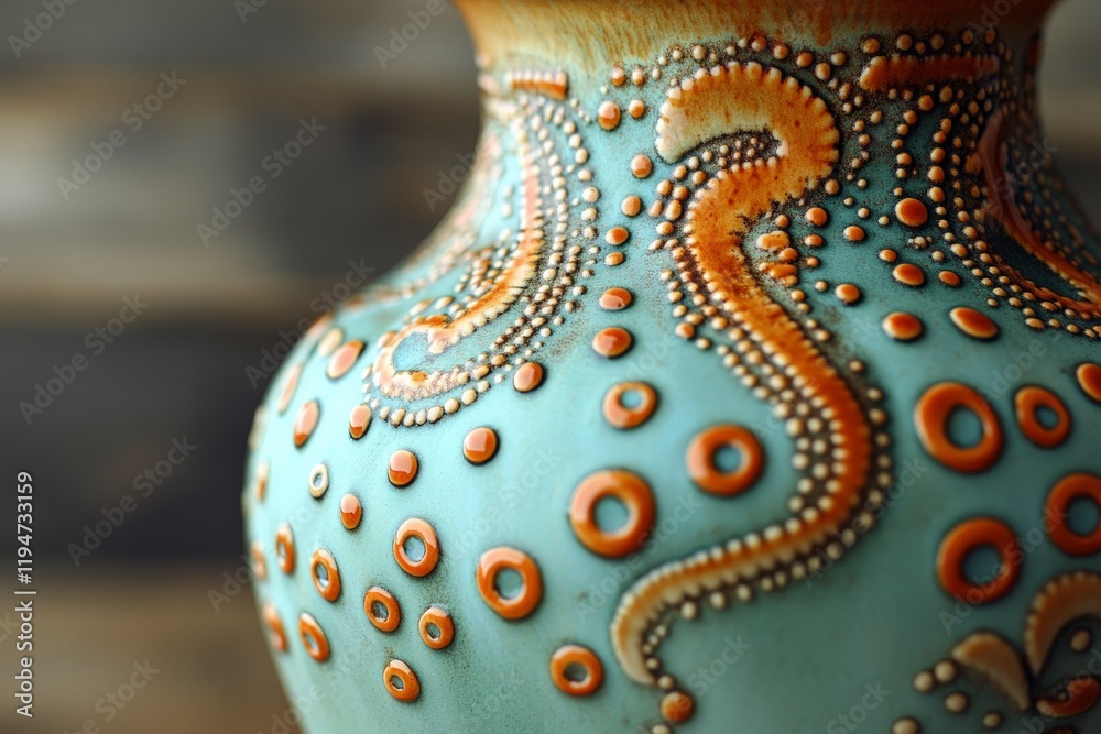Poster a detailed and colorful close-up of a ceramic vase showcasing its intricate patterns and textures, h
