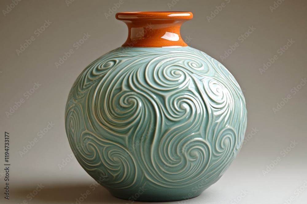 Poster an elegant globe-like vase with swirling blue and orange patterns, combining artistic styles with mo