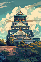 Naklejka premium Majestic Osaka Castle: A Geometric Masterpiece