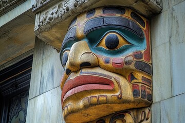 An ornate totem with a large carved face featuring intricate colorful patterns, capturing cultural heritage and artistic expression on a building facade.