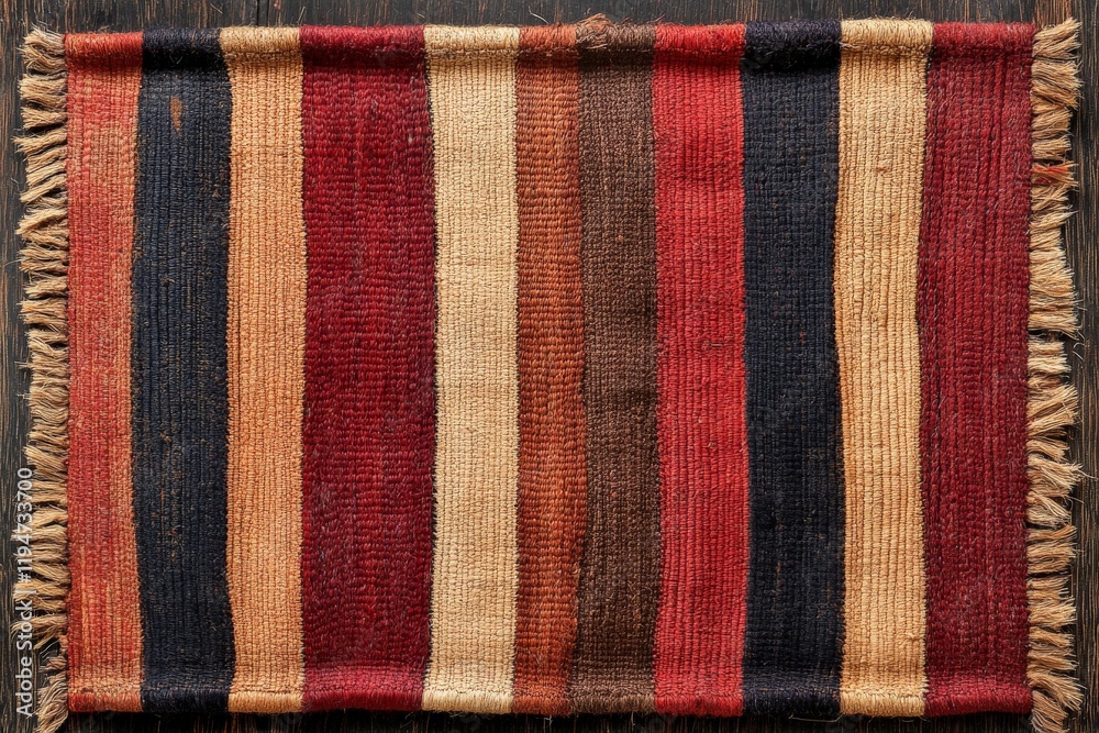 Poster this image depicts a handwoven rug with vertical stripes in warm colors, highlighting craftsmanship 