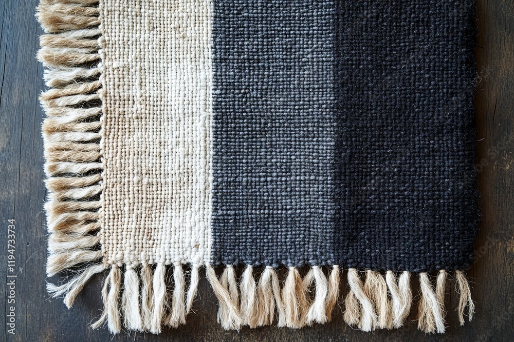 Poster this image depicts a simple striped rug with a natural color palette and fringe detailing, perfect f