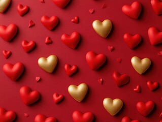 A vibrant pattern of red and gold hearts on a red background.