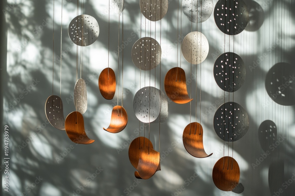Poster this image shows abstract wooden discs hanging, interacting gracefully with light to create art that