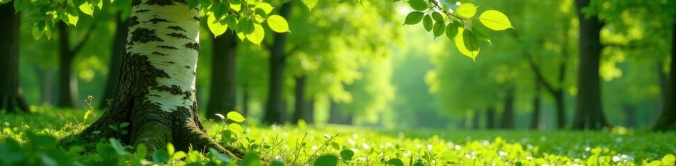 Young birch tree, vibrant green leaves, sunlit forest floor, photo, woodland, outdoor