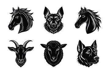 Animals head silhouette set vector illustration. Cow, Cat, horse, dog, sheep mascot icon collection