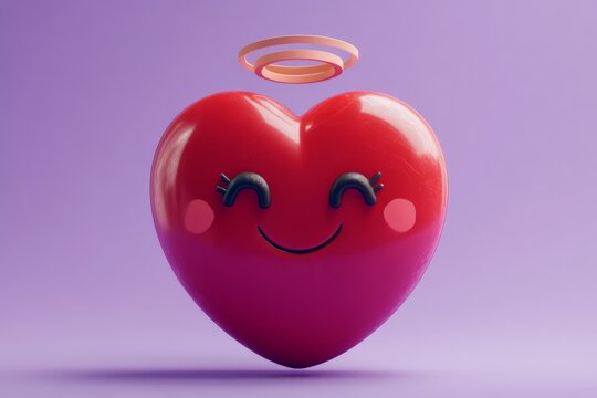 A cheerful red heart with a smiling face and a gold halo floats against a purple background, expressing love and joy in a whimsical, playful style.