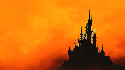 Halloween themed orange background with black castle silhouette