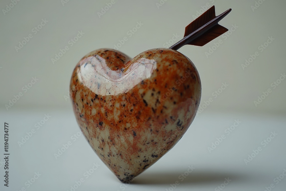 Poster A naturally textured stone heart with earthy speckles is pierced by an arrow, resting on a white surface. This image symbolizes timeless love and enduring strength.