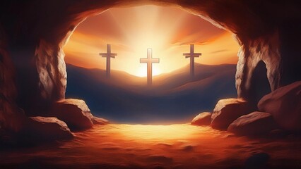 The concept of Easter Sunday, the cross of the crucifixion of Jesus Christ, the concept of the Christian faith. The tomb is empty with a cross in the background of the dawn Resurrection of Jesus