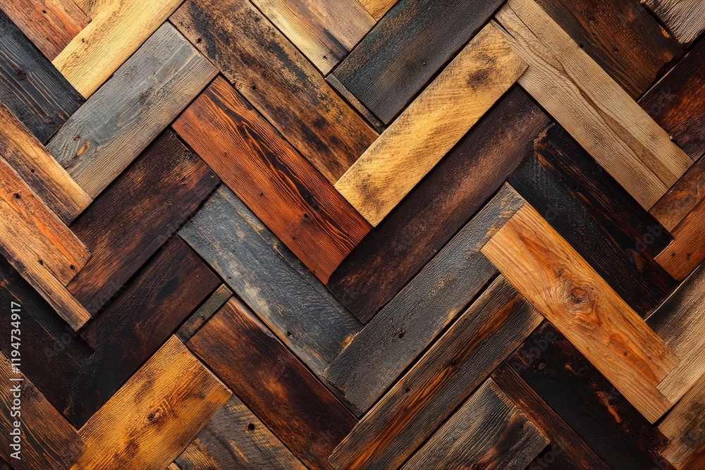 Poster a visually striking composition of varied reclaimed wood panels arranged in a herringbone pattern, s