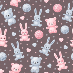Seamless pattern of drawn soft toys in muted pink and blue colors (bear, rabbit, ball, hearts) on a dark background