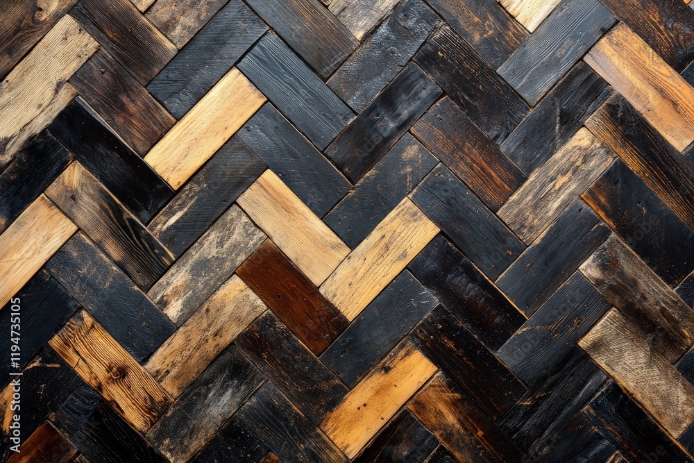Poster this image displays a striking herringbone pattern using alternating dark and light wooden pieces, c