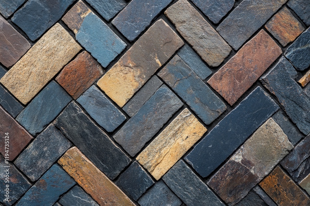 Aufkleber A beautifully arranged herringbone pattern made with variegated earthy-toned stones, creating both a visual impact and a sense of structural order and precision.