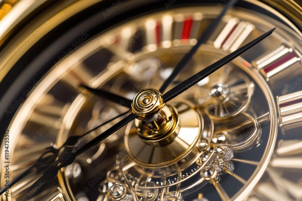 Poster a detailed shot of a clock featuring a golden face, suitable for use in articles about timekeeping o