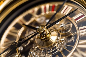 A detailed shot of a clock featuring a golden face, suitable for use in articles about timekeeping or luxury items