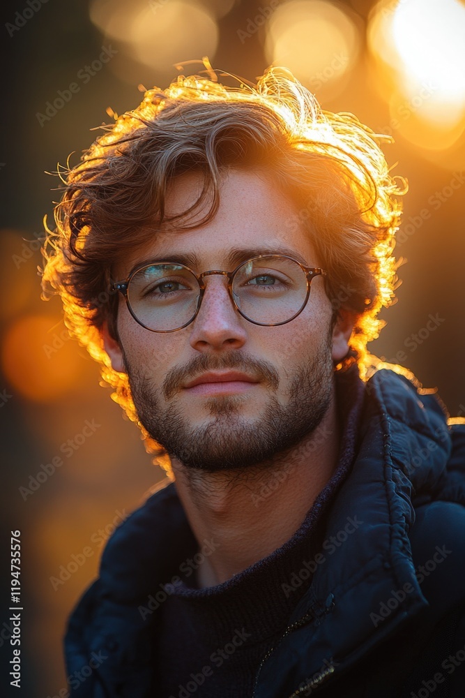 Poster a person with a beard and glasses looking directly at the camera