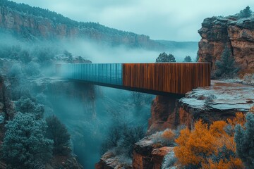 A sleek, modern bridge beautifully spans a misty canyon with fall foliage, showcasing a harmonious...