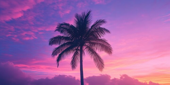 Single palm tree silhouette centered against vibrant purple sunset sky with soft pink and orange hues creating ample copy space for text.