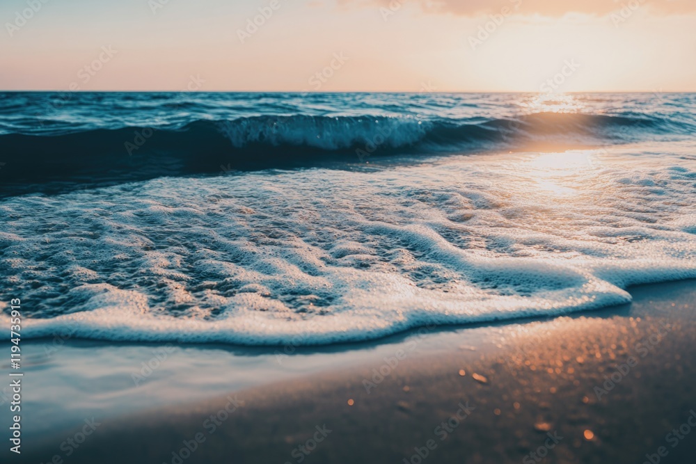 Poster sunset on a beach with calm ocean waves and warm light