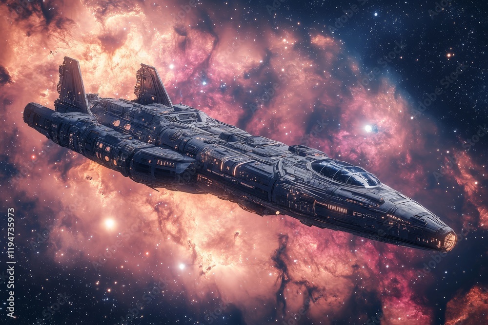 Poster A gargantuan spaceship traverses the interstellar void, surrounded by vibrant nebula clouds, showcasing advanced technology and a celestial journey.
