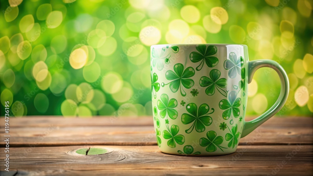 Aufkleber a green shamrock-patterned mug rests on a rustic wooden surface against a vibrant bokeh background