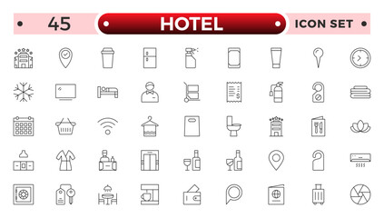 Hotel outline icons set. Rental property icons. Set of hotel booking, five-star hotel, service line vector web icon. Hotel universal set with Building, Parking, Meal, Air conditioner.