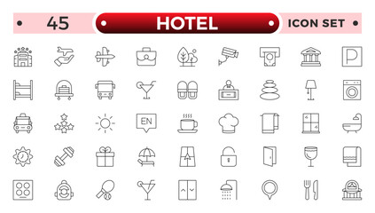 Hotel outline icons set. Rental property icons. Set of hotel booking, five-star hotel, service line vector web icon. Hotel universal set with Building, Parking, Meal, Air conditioner.