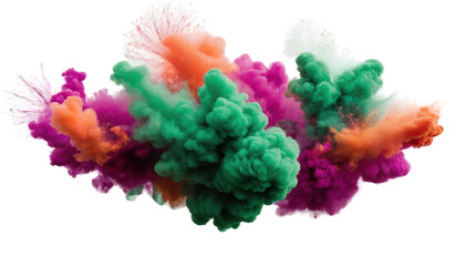 Close-up of neon-colored powder explosions (green, magenta, orange) with smoke bombs releasing colorful spirals of smoke in opposite directions, isolated on a white transparent background PNG