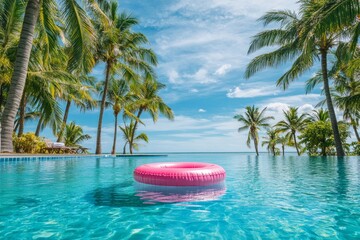 pink inflatable flamingo ring floats on blue water of pool with palm trees