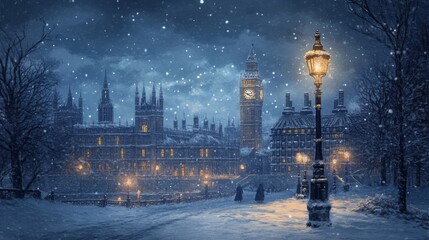 Winter town of old England 19th century, evening, snowing