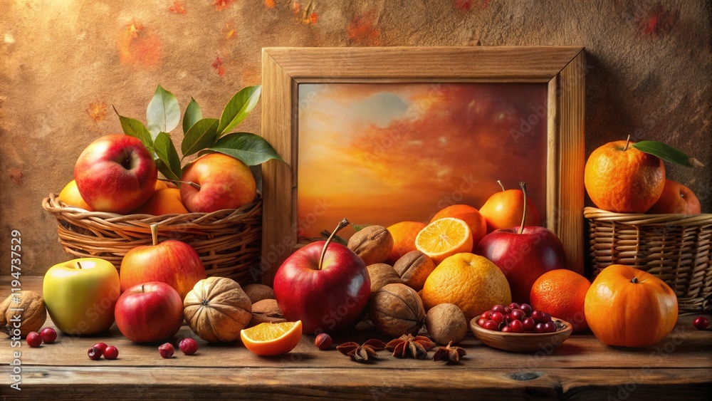 Poster autumn harvest still life with apples, oranges, and nuts in rustic setting