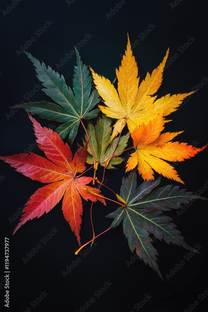 Poster a collection of vibrant leaves arranged on a dark background, perfect for use in designs related to 