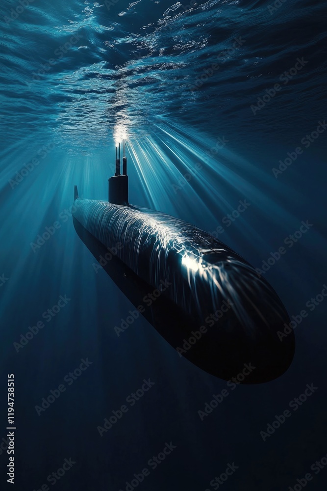 Poster a submarine submerged in the water with a spotlight shining from its top