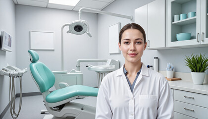 Obraz premium Professional female dental hygienist in a modern dental office with organized tools and soft lighting on International Dentist's Day