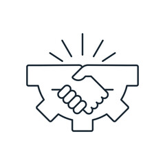 Handshake with a gear. Business cooperation, partnership.Vector linear icon illustration isolated on white background.